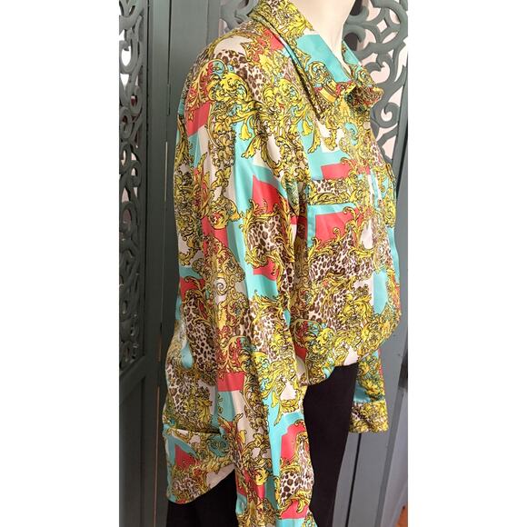 DEMOCRACY Button Front Blouse-Top-Graphic Print-Silky-Cheetah-Long Sleeve-Size L - Picture 7 of 8